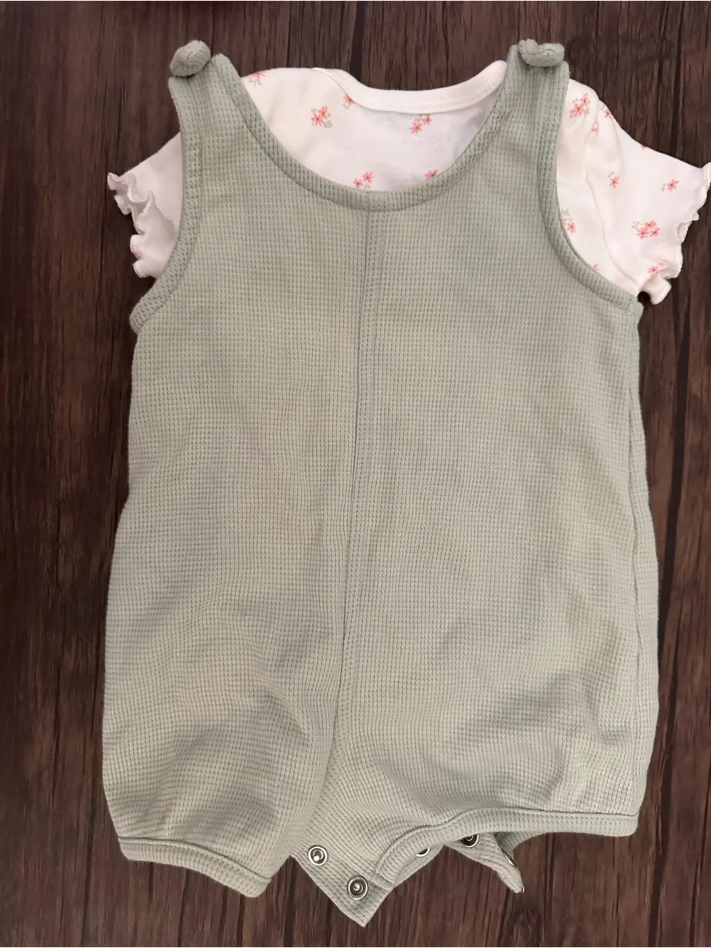 Carter's Sage Green Waffle Romper + Cream Floral Romper
